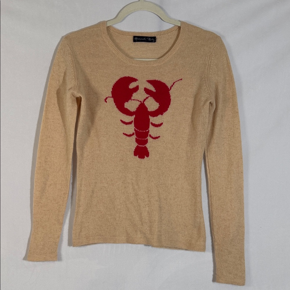 Hannah Rose Cashmere Sweater Size S Lobster Fisherman Motif Tan Red